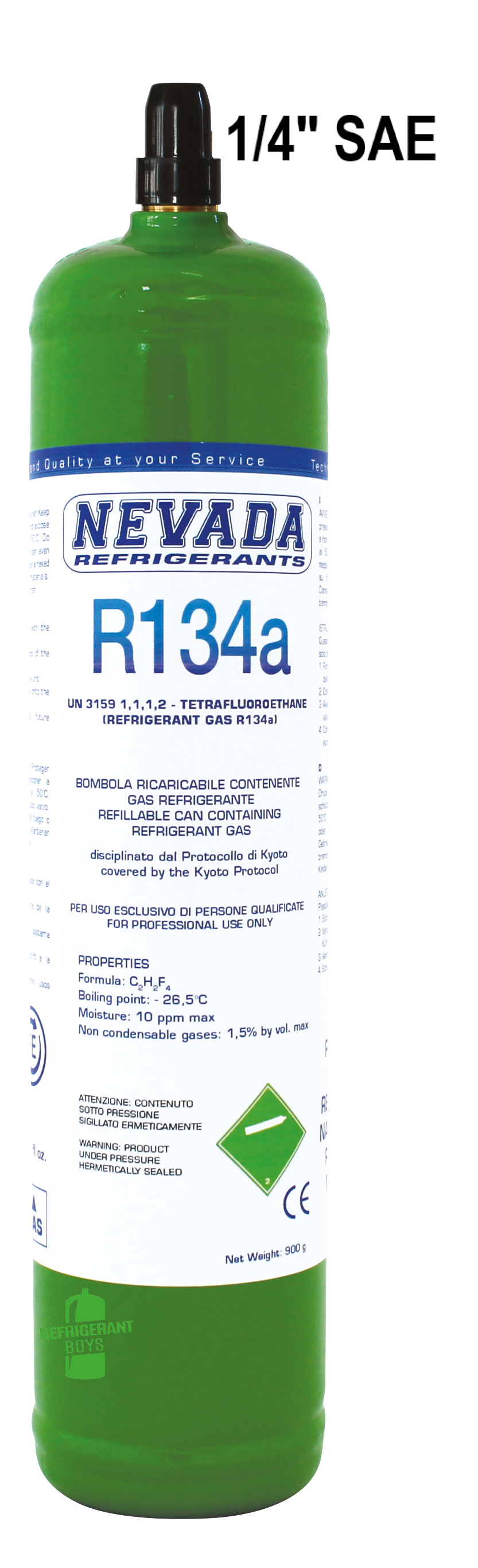 Bouteille de R134a avec 900 grammes de gaz Valve 1/4 - Refrigerant Boys